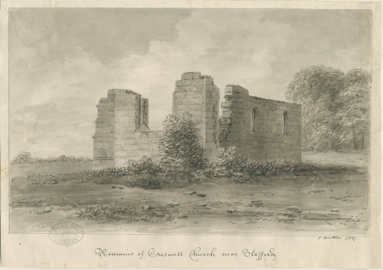 Stafford - Creswell Chapel: sepia-tegning, 1837 af John Buckler