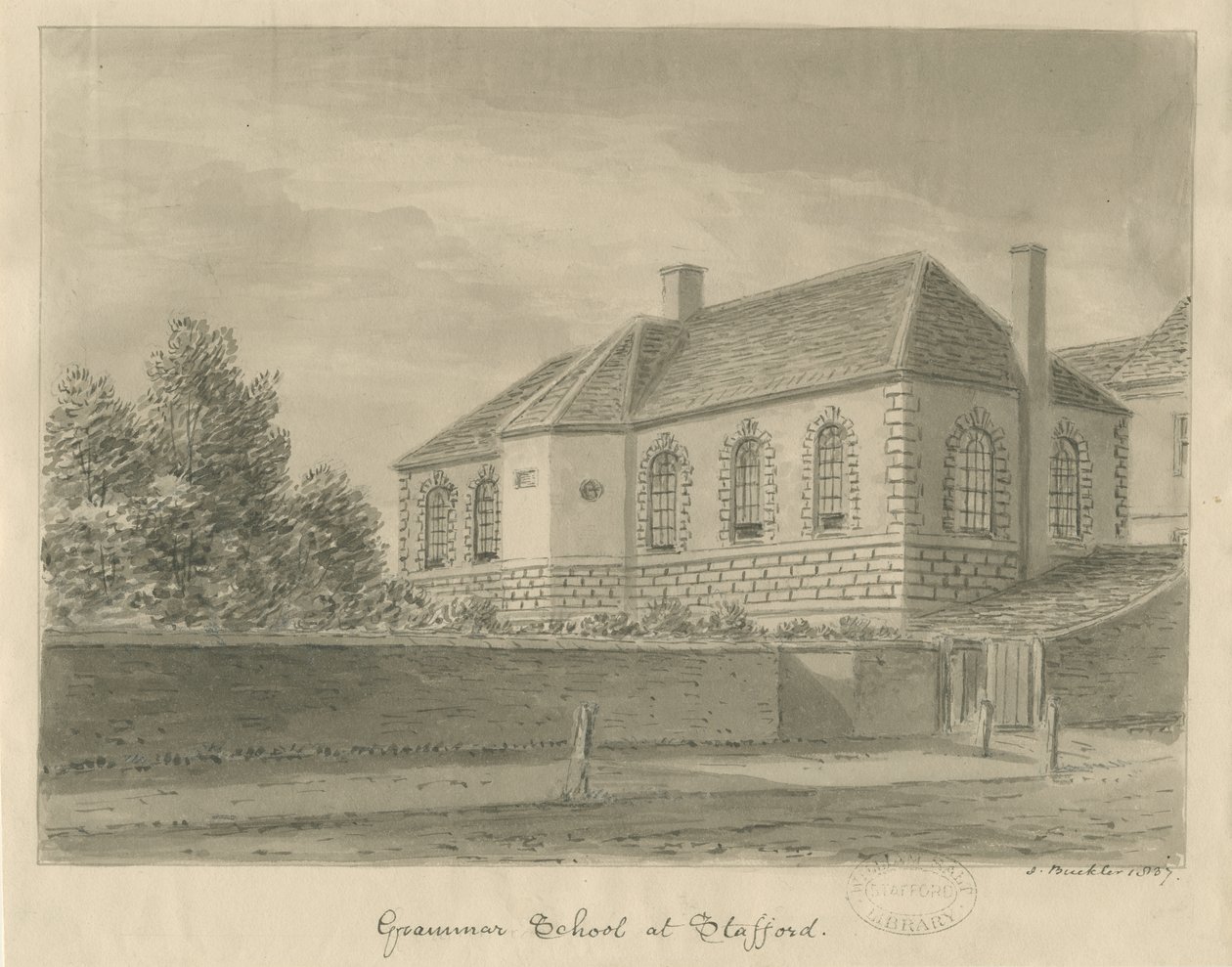 Stafford - Grammar School: sepia-tegning, 1837 af John Buckler