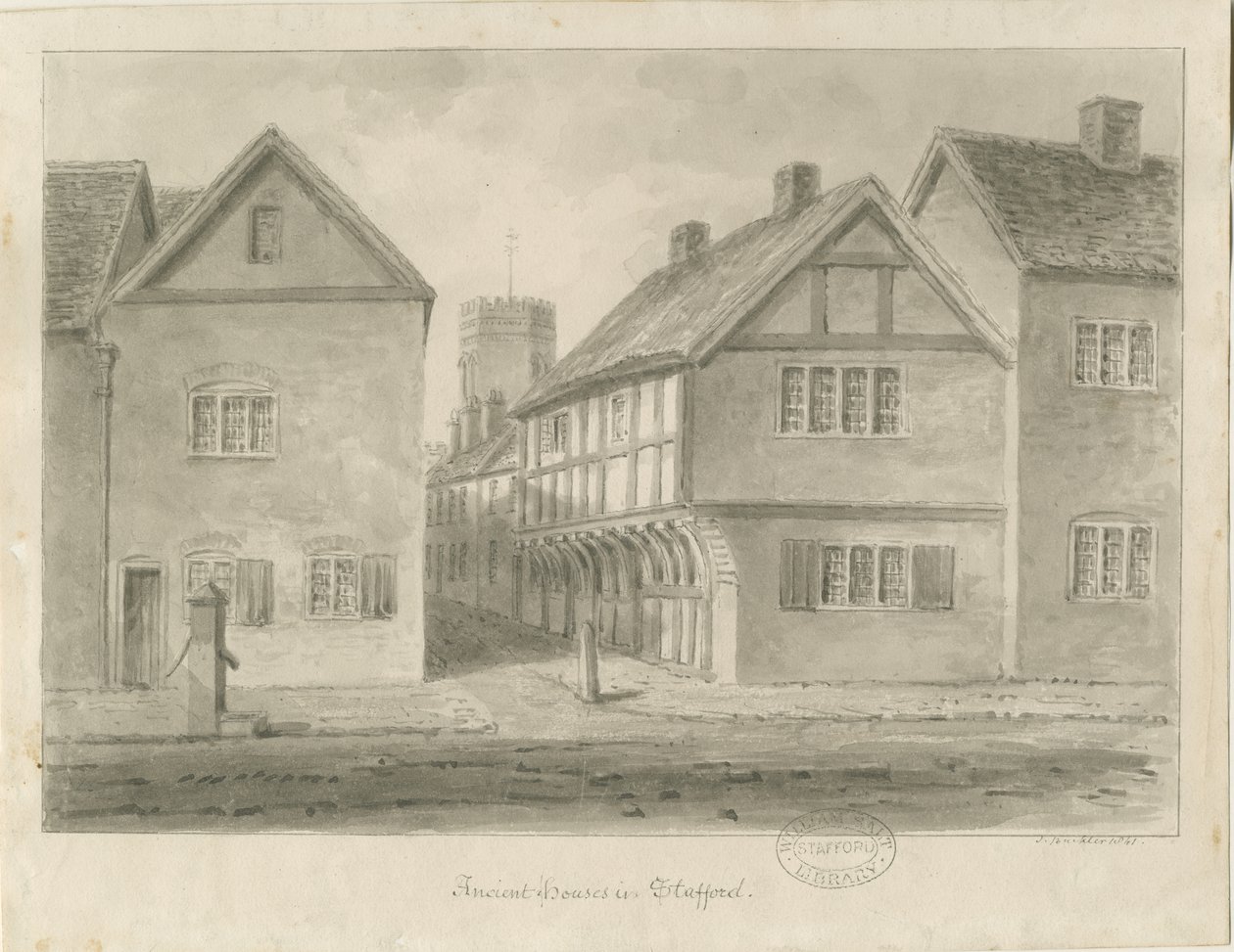 Stafford - Little Church Lane: sepia-tegning, 1841 af John Buckler