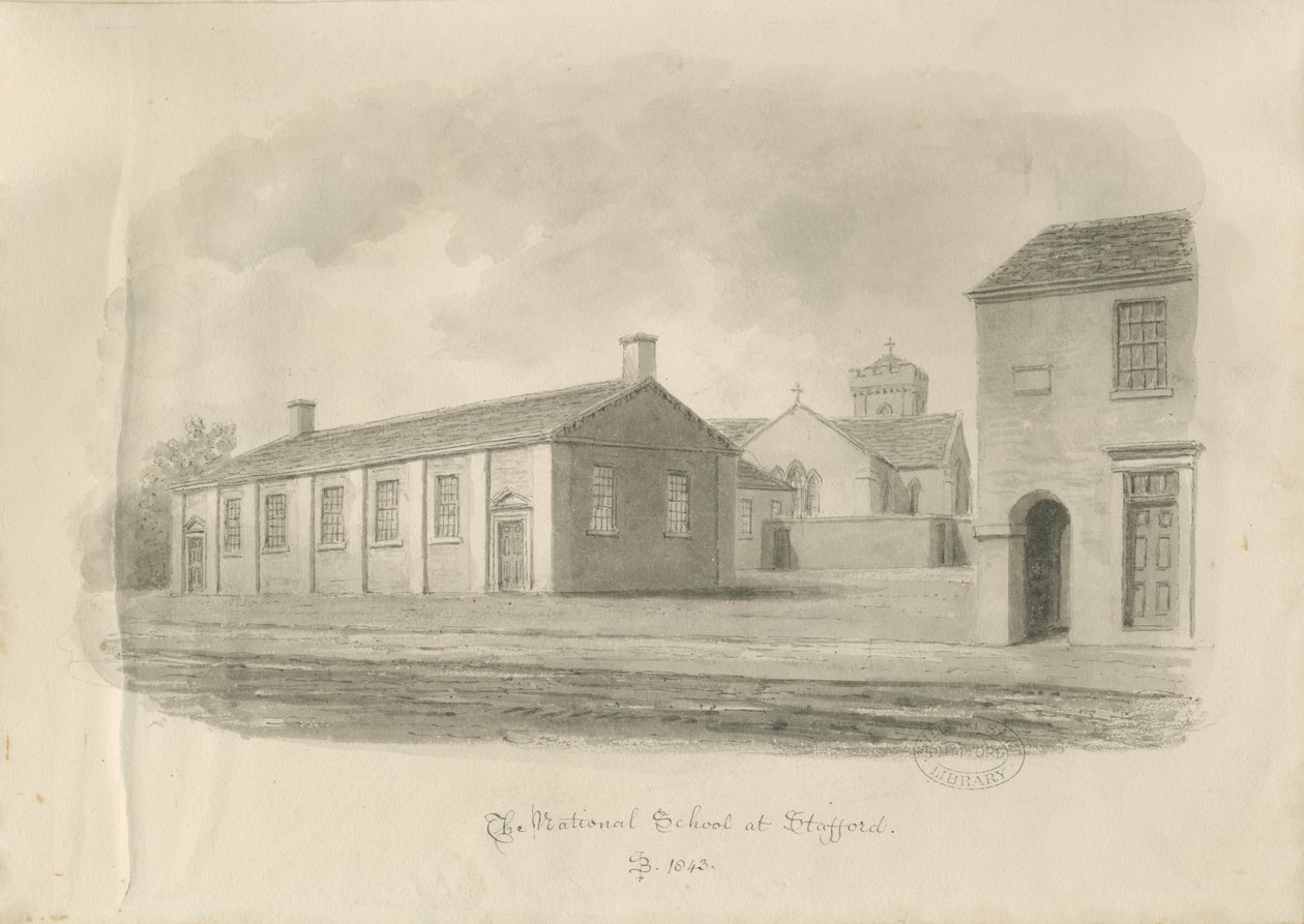 Stafford - National School: sepia tegning af John Buckler