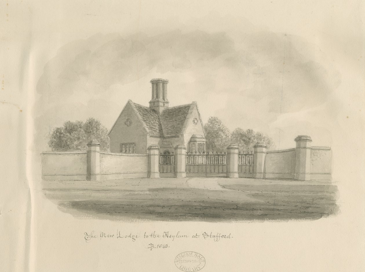 Stafford - New Lodge to the Asylum: sepia-tegning, 1843 af John Buckler