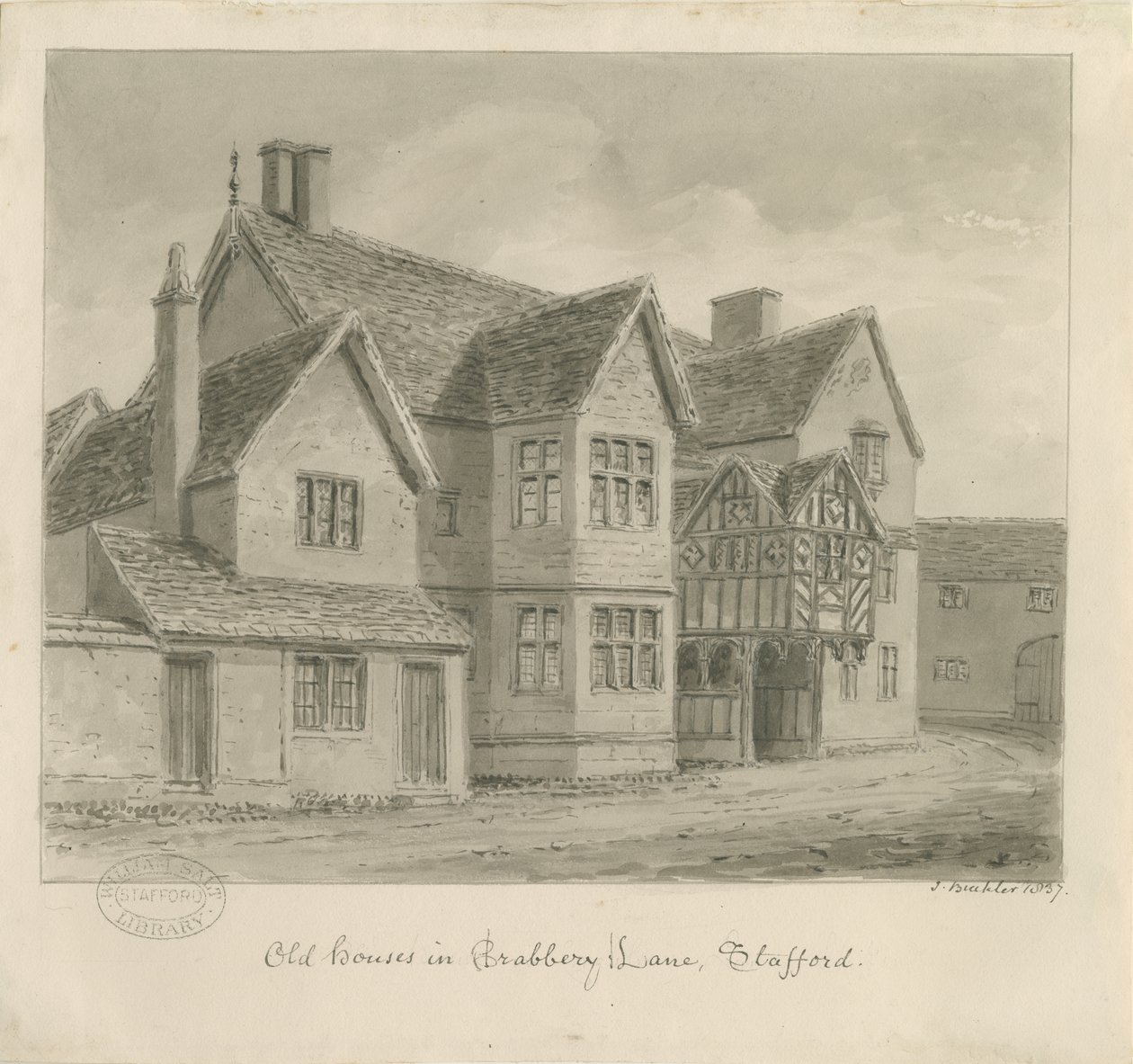 Stafford - Gamle huse i Crabbery Lane: sepia tegning af John Buckler