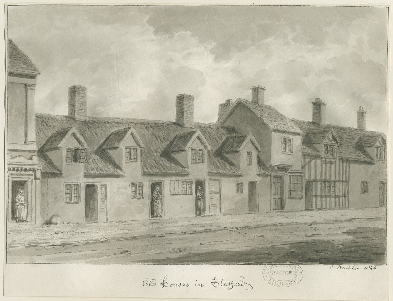Stafford - Old Houses [i Eastgate Street]: sepia-tegning, 1844 af John Buckler