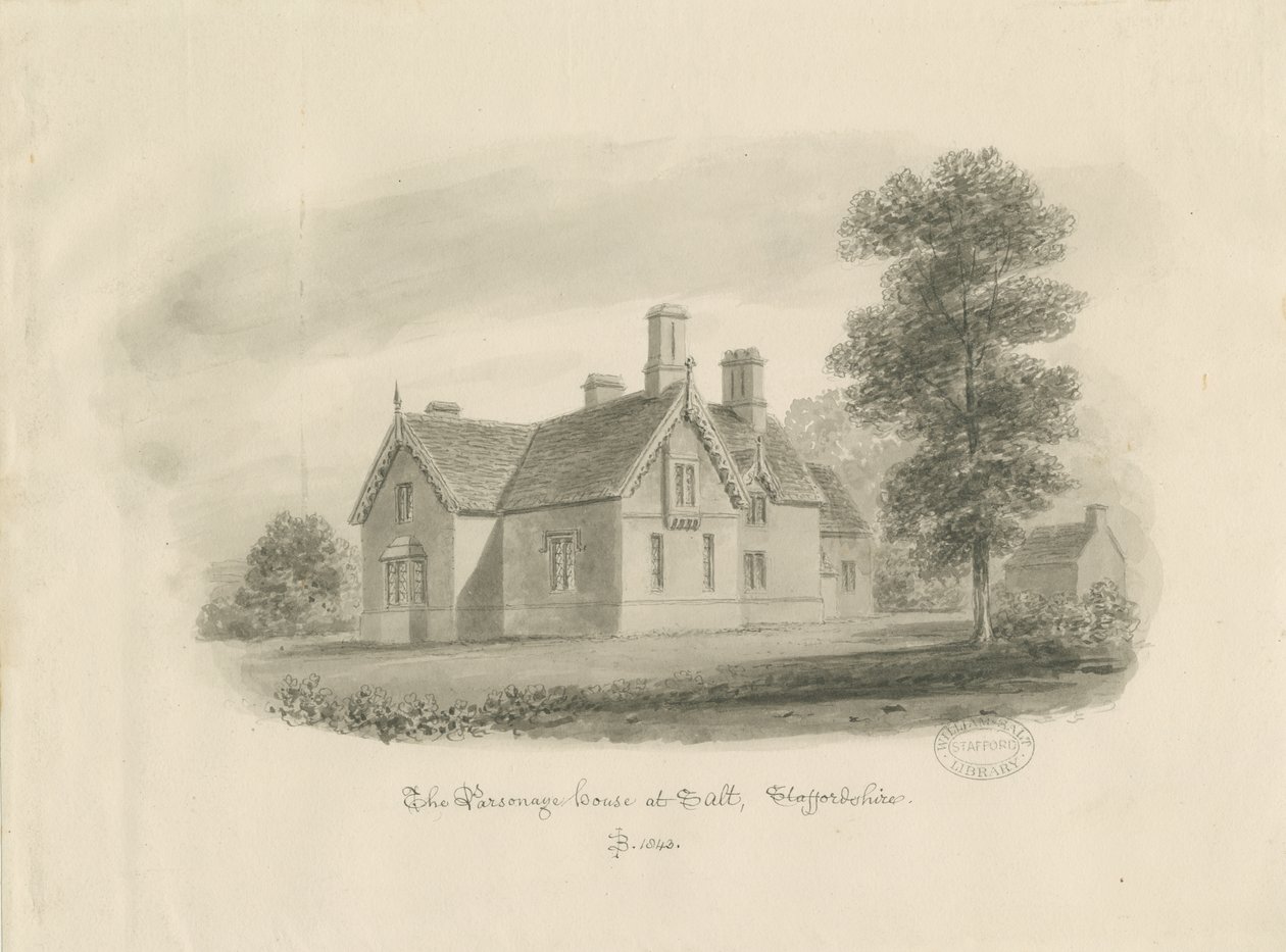 Stafford - Præstehus ved Salt: sepia-tegning (vignetteret) af John Buckler