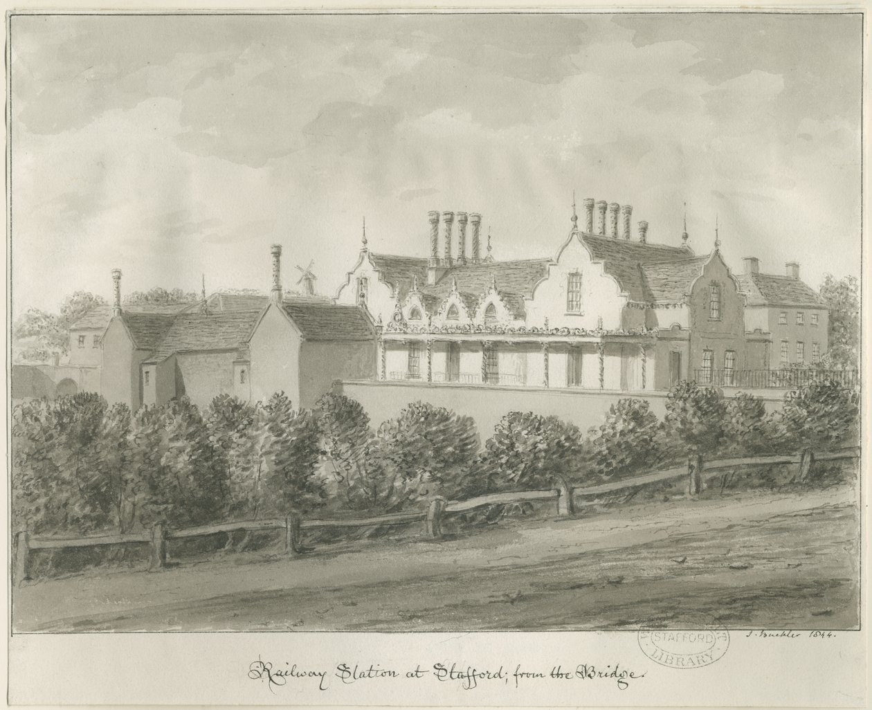 Stafford - Railway Station: sepia-tegning, 1844 af John Buckler