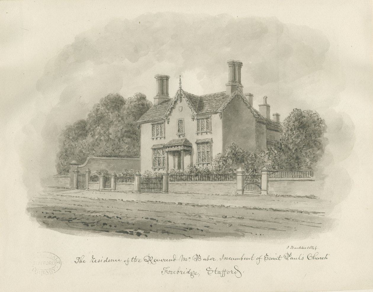 Stafford - Reverend Babers residens: sepia-tegning, 1844 af John Buckler
