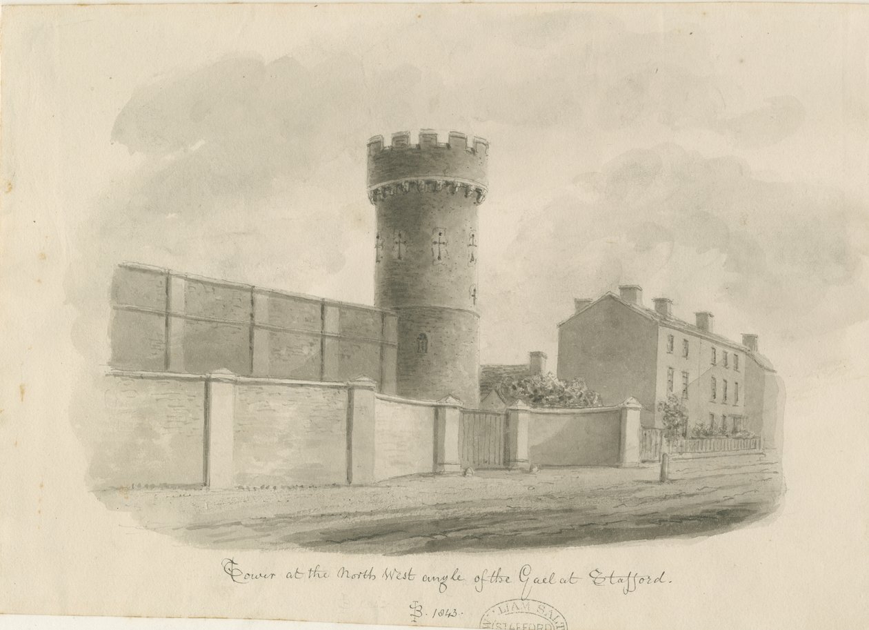 Stafford - Fængslets Round Tower: sepia-tegning, 1843 af John Buckler