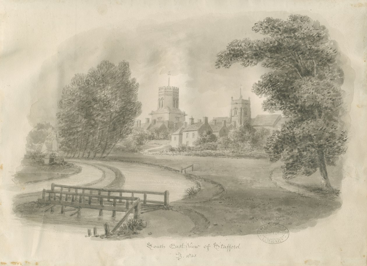 Stafford - South East View: sepia tegning af John Buckler