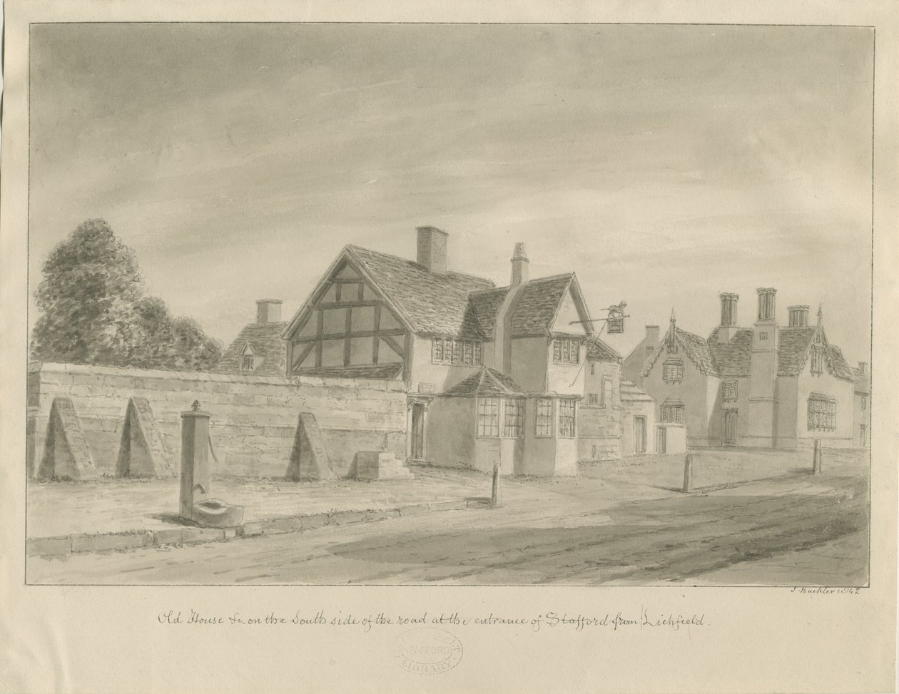 Stafford - [The White Lion Inn]: sepia-tegning, 1842 af John Buckler
