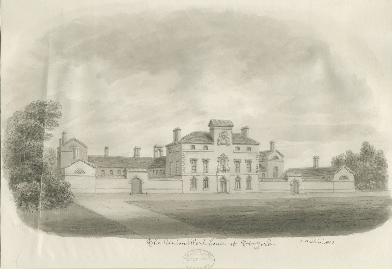 Stafford - Union Workhouse: sepia tegning af John Buckler