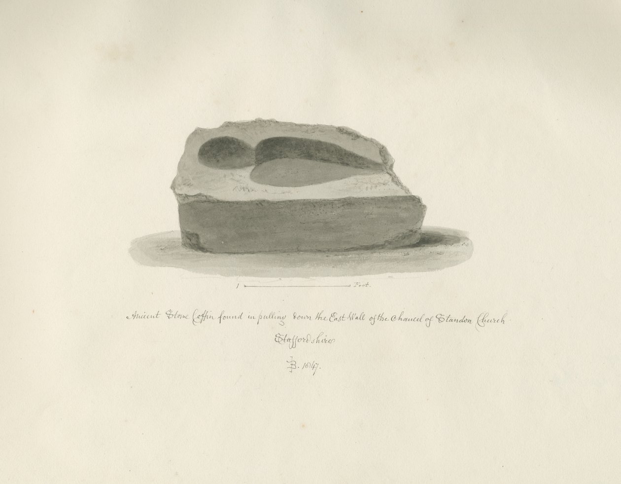 Standon Church: Gammel stenkiste: sepia-tegning, 1847 af John Buckler