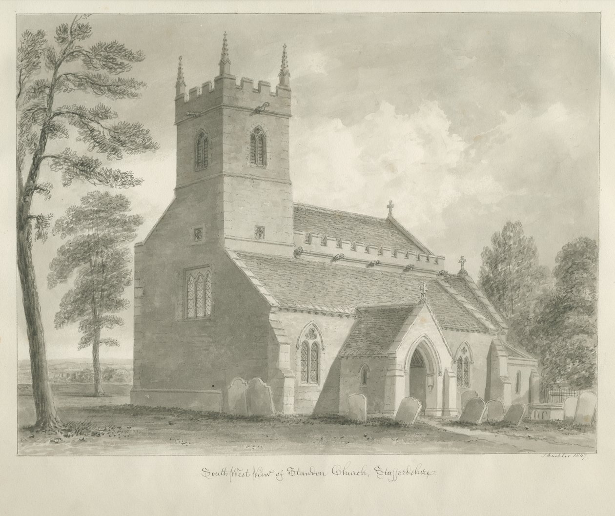 Standon Church: sepia tegning af John Buckler