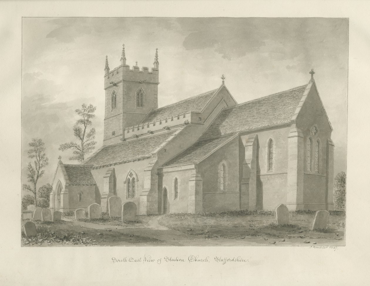 Standon Church: sepia tegning af John Buckler