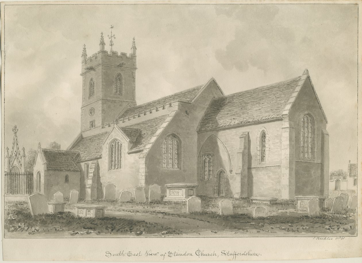 Standon Church: sepia tegning af John Buckler