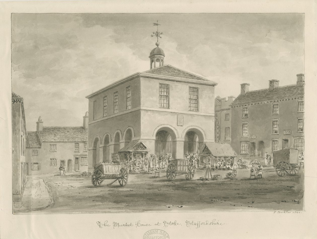 Stoke-upon-Trent - Market House: sepia tegning af John Buckler