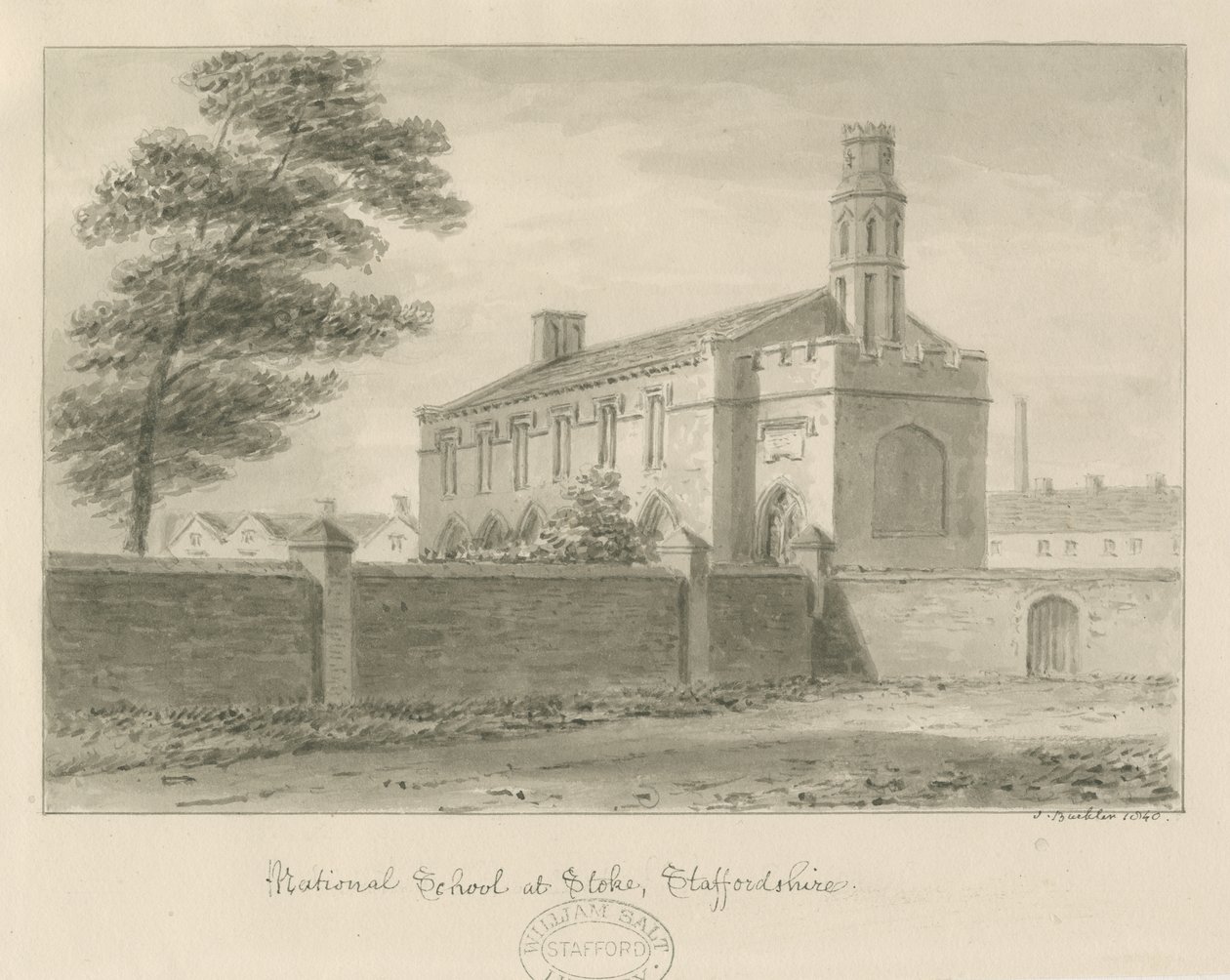 Stoke-upon-Trent - National School: sepia-tegning, 1840 af John Buckler