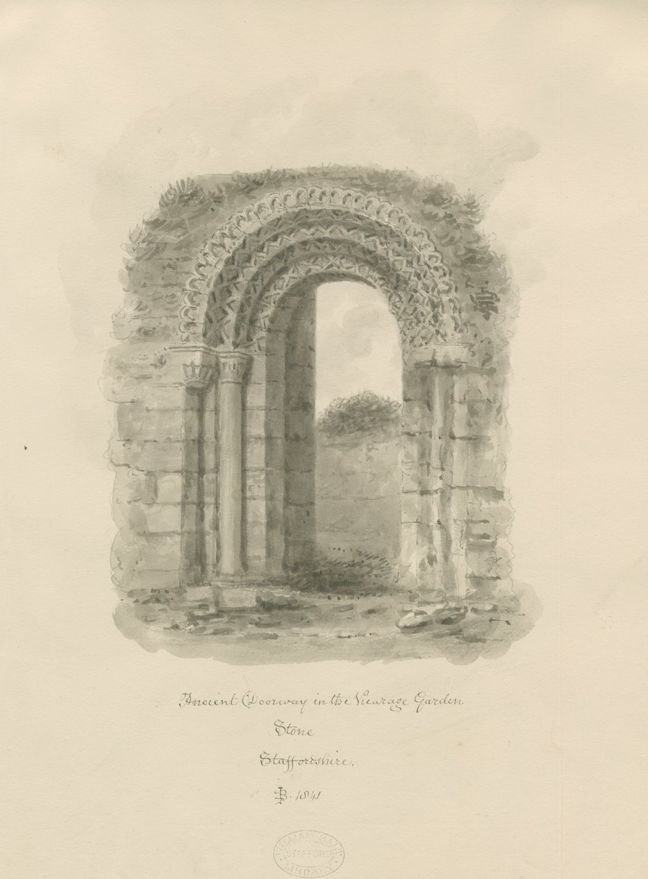 Sten - ældgammel døråbning i præstegårdshaven: sepia-tegning, 1841 af John Buckler