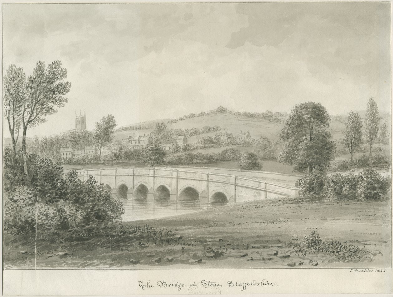 Sten - bro over floden Trent: sepia-vasketegning, 1844 af John Buckler