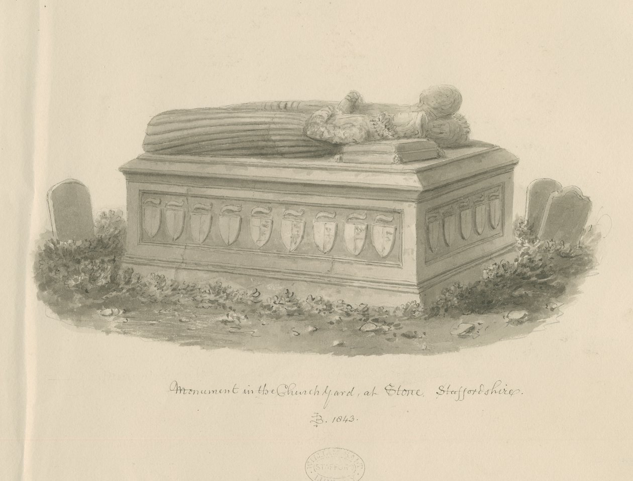 Stone Church - [Tomb of William Crompton]: sepia tegning af John Buckler
