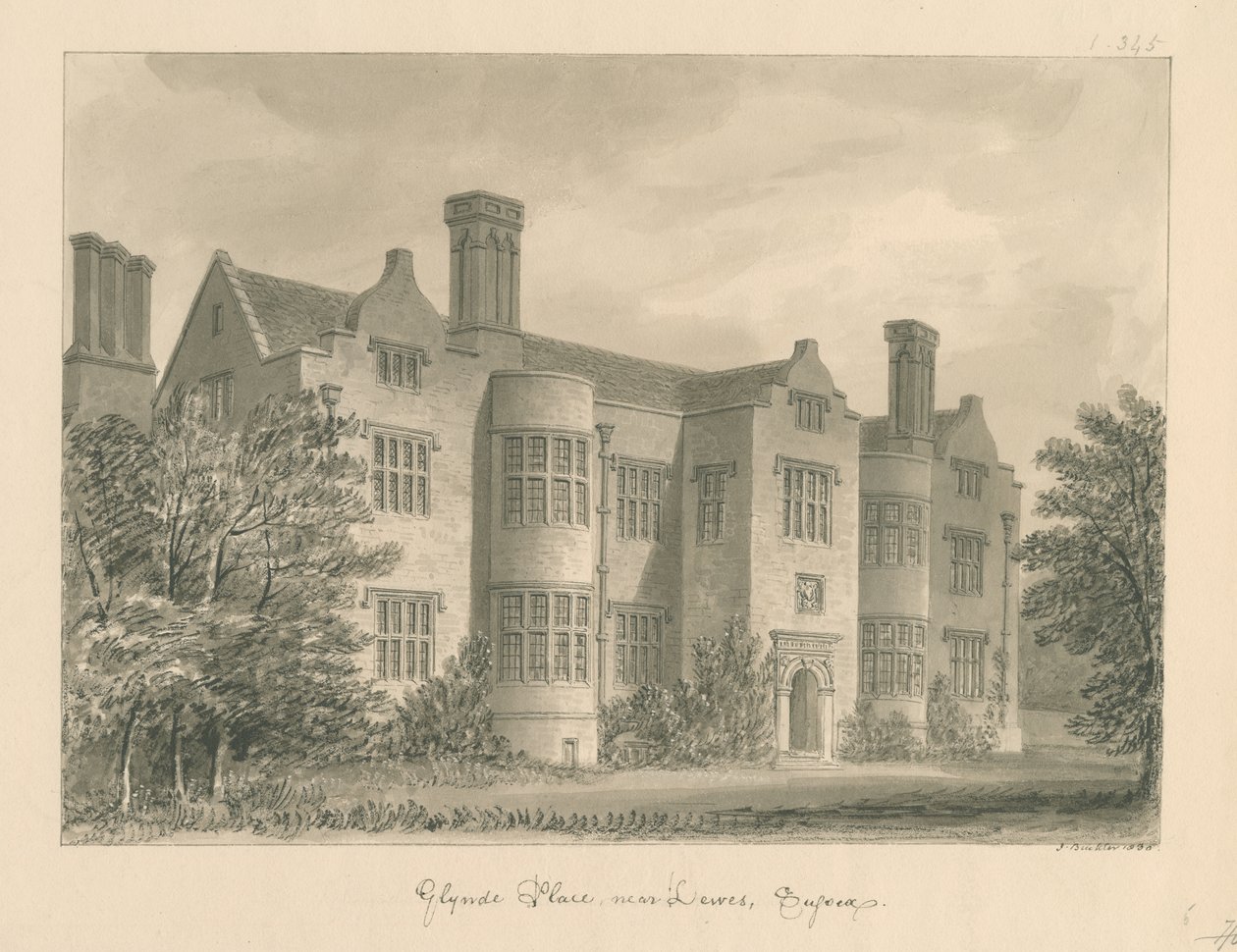 Sussex - Lewes - Glynde Place: sepia-tegning, 1830 af John Buckler