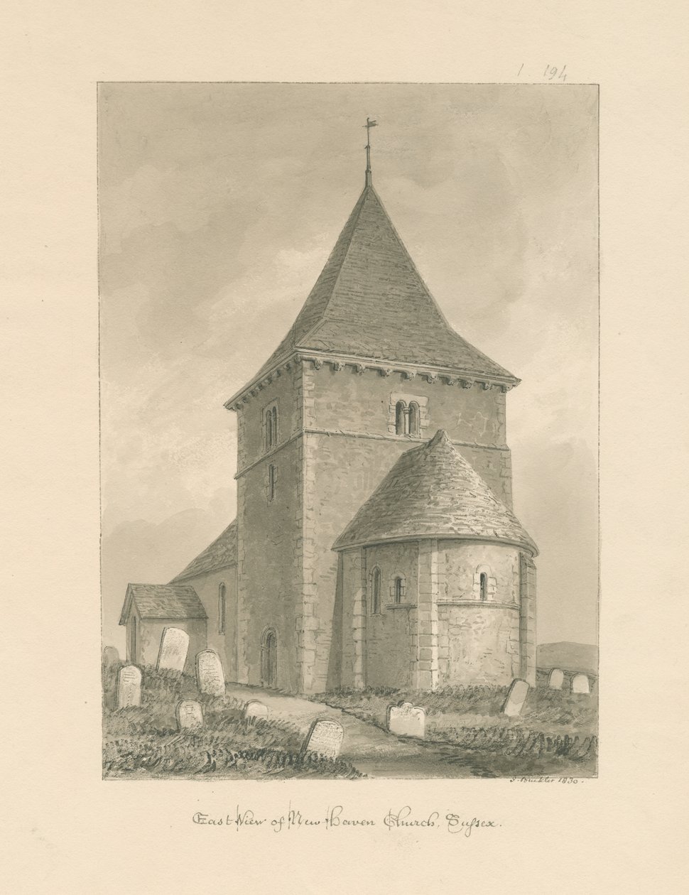 Sussex - Newhaven Church: sepia-tegning, 1830 af John Buckler