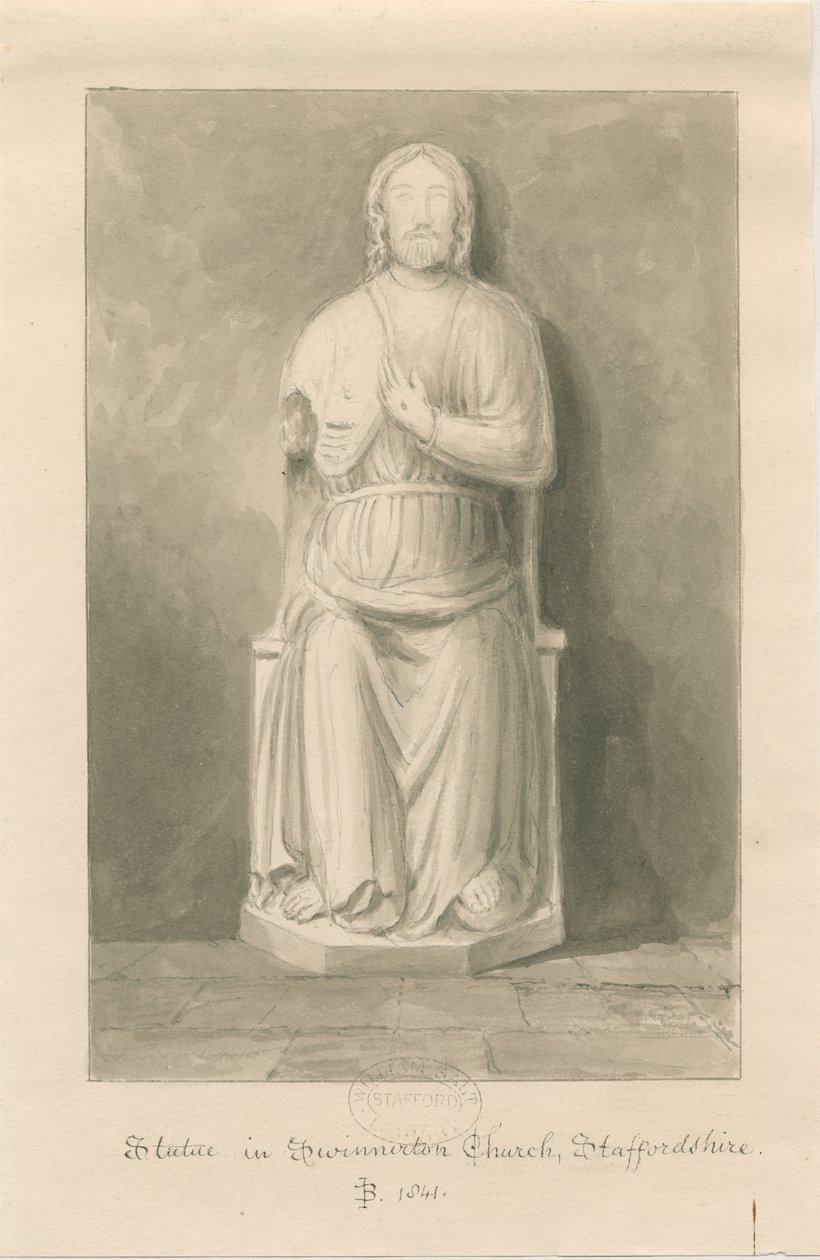 Swynnerton Church - Statue af Jesus Kristus: sepia vask tegning af John Buckler