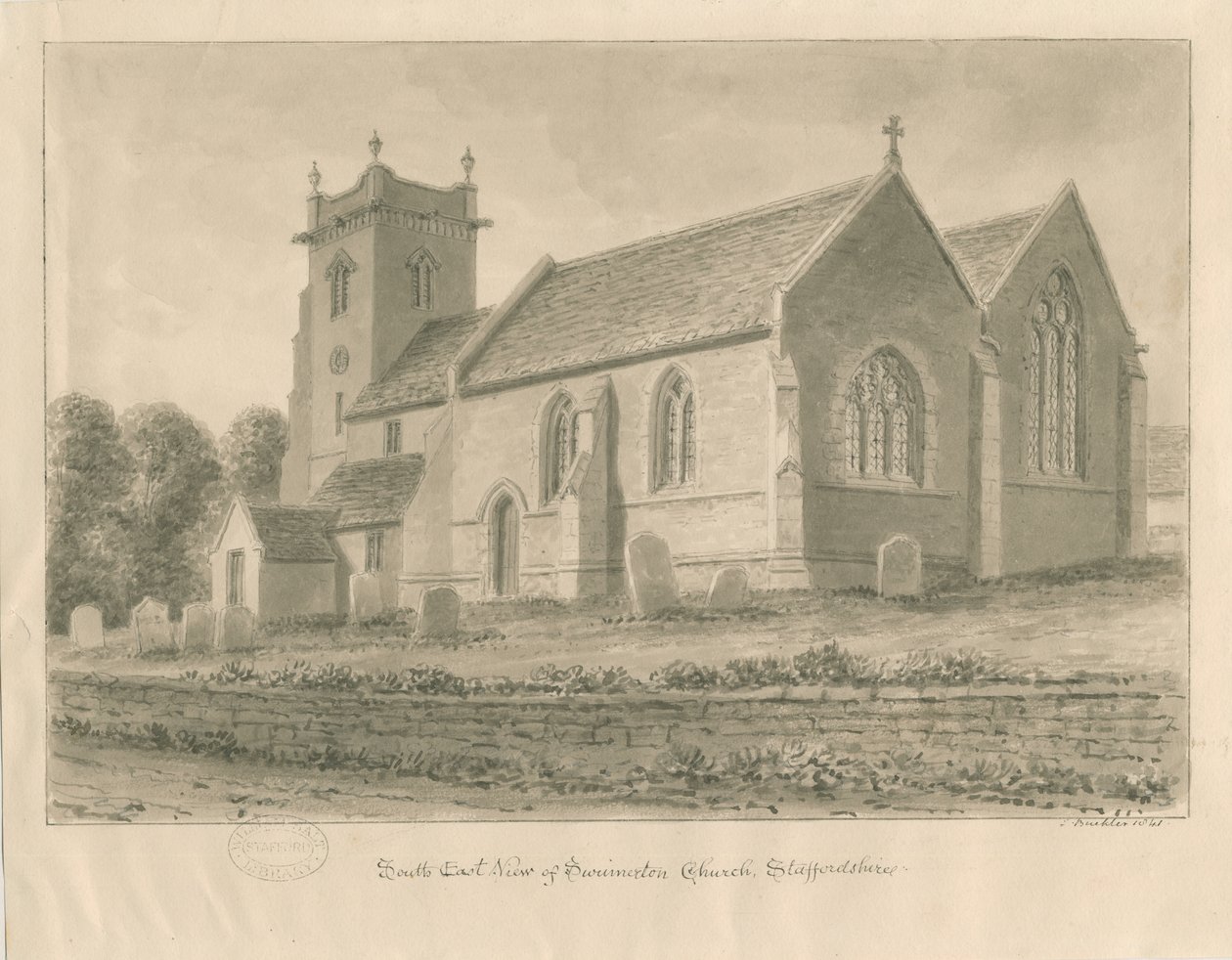 Swynnerton Church: sepia tegning, 1841 af John Buckler
