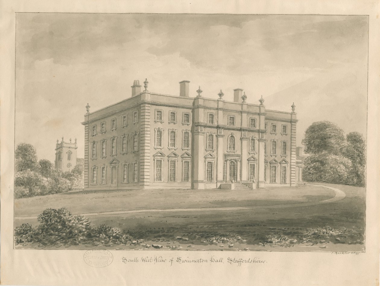 Swynnerton Hall: sepia tegning, 1841 af John Buckler