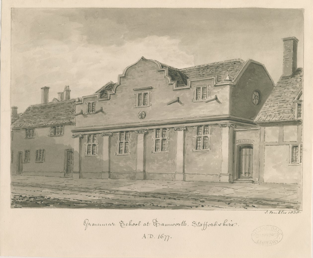 Tamworth - Grammar School: sepia drawing, 1838dani af John Buckler