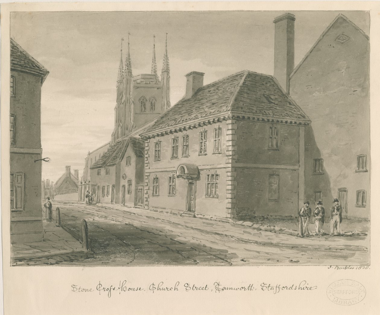 Tamworth - Stone Cross House: sepia tegning af John Buckler