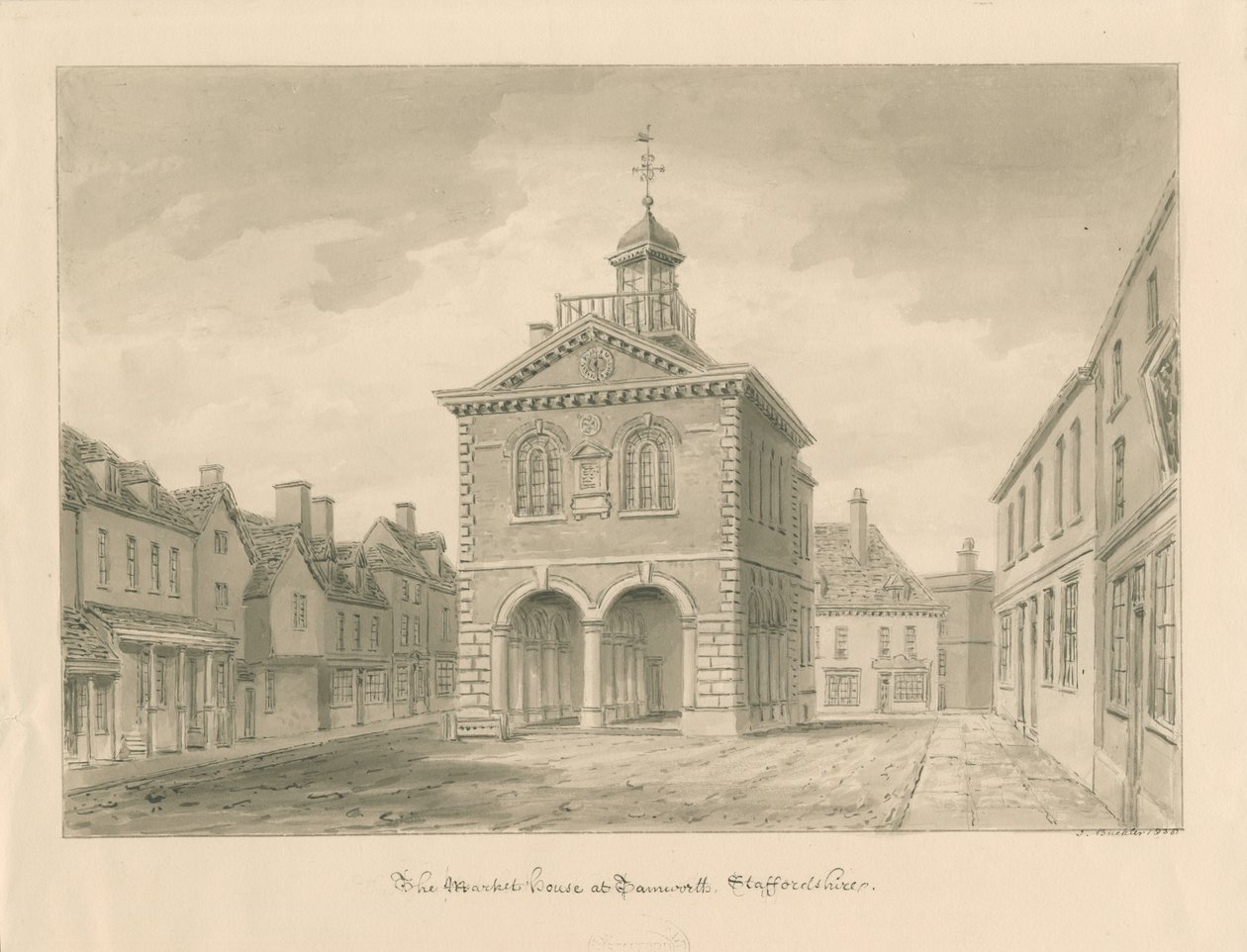 Tamworth - The Market House: sepia tegning af John Buckler