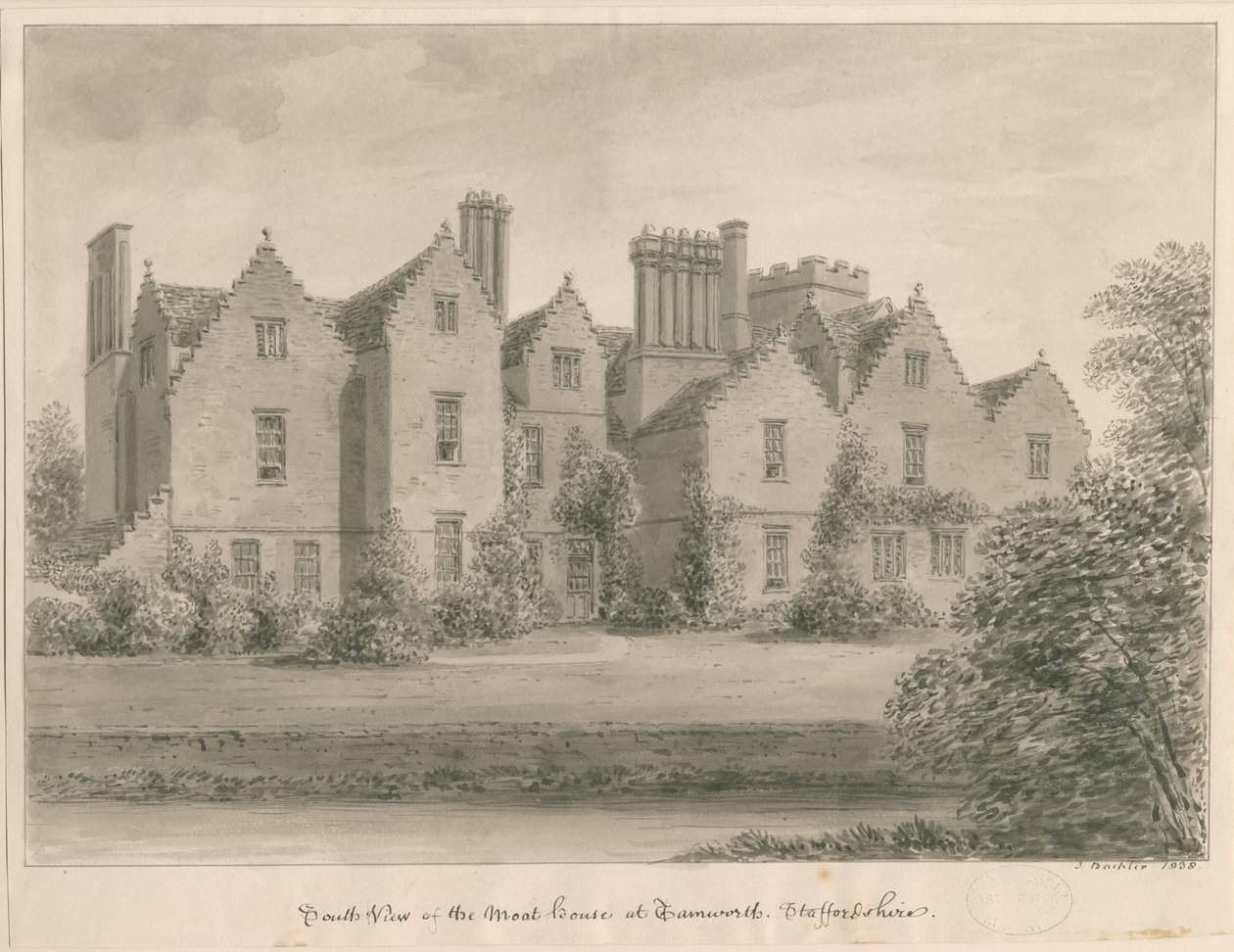 Tamworth - The Moat House: sepia tegning af John Buckler