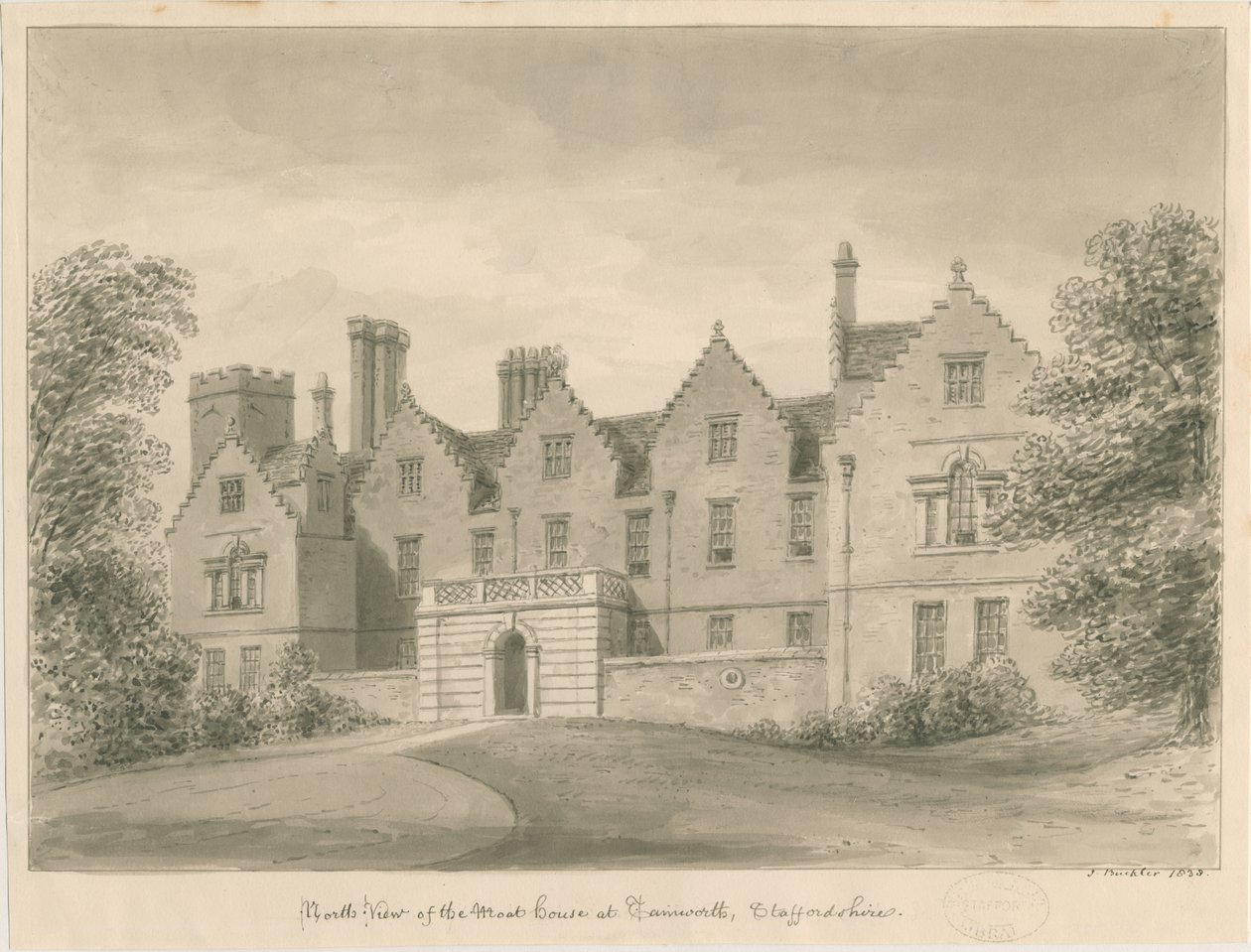 Tamworth - The Moat House: sepia tegning af John Buckler