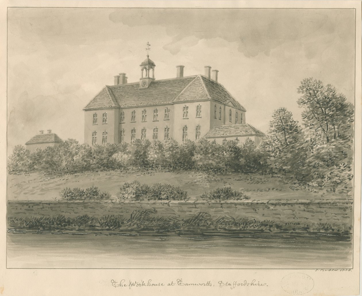 Tamworth - The Workhouse: sepia drawing, 1838dani af John Buckler