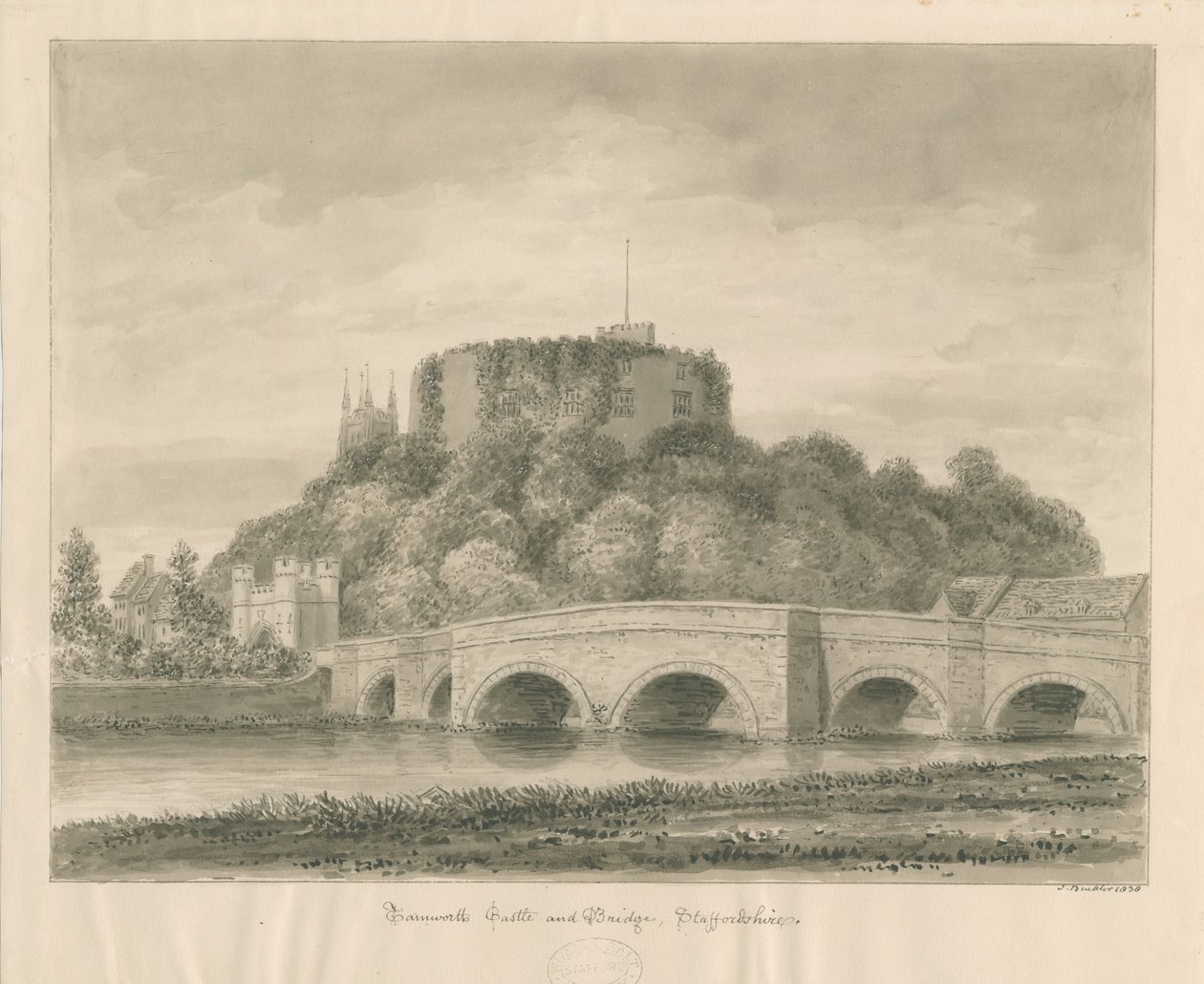 Tamworth Castle and Bridge: sepia tegning af John Buckler