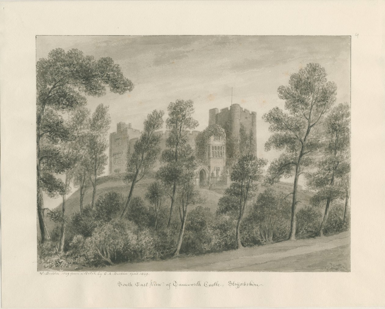 Tamworth Castle: sepia-tegning, april 1849 (tegning) af John Buckler