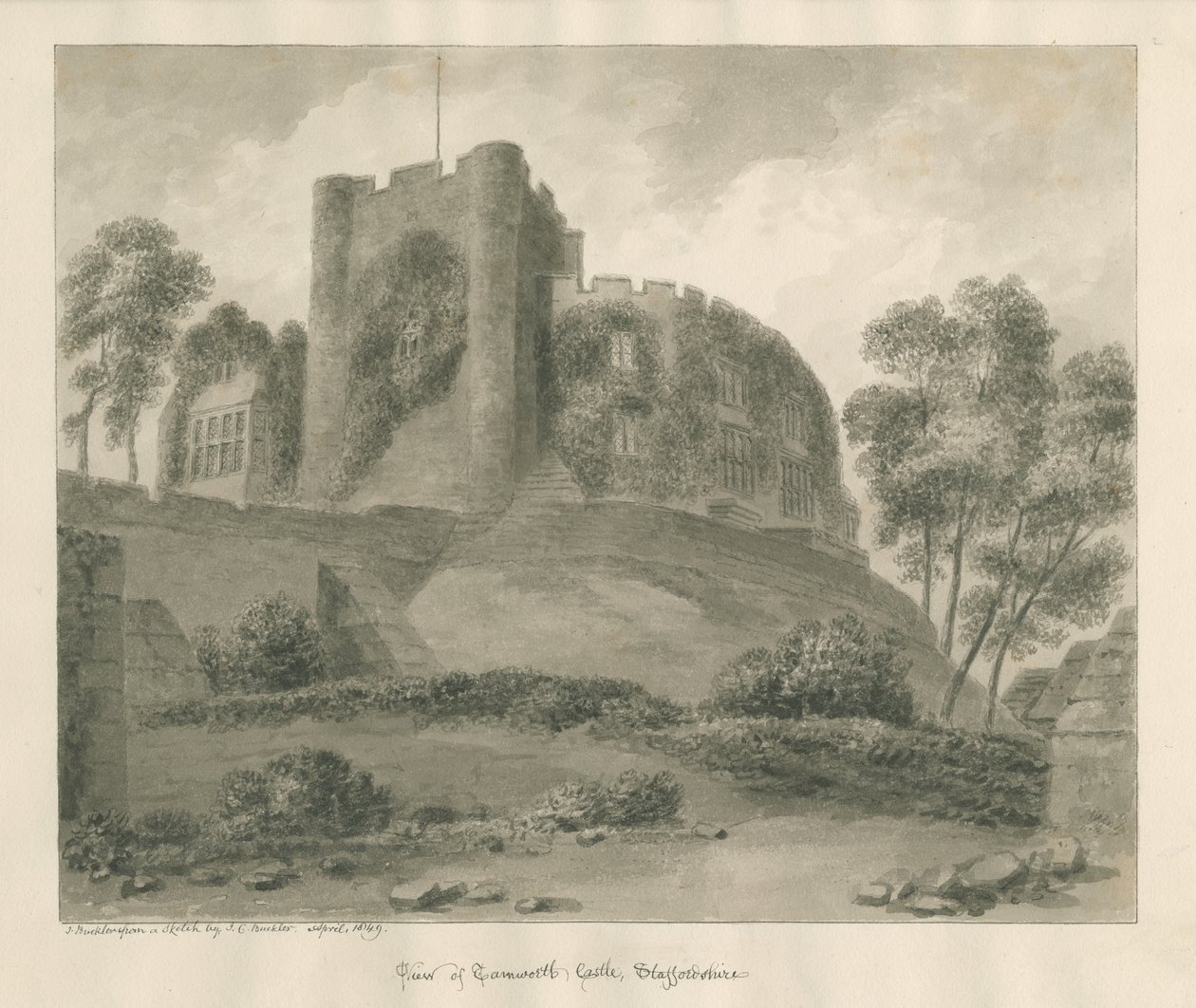 Tamworth Castle: sepia-tegning, april 1849 af John Buckler
