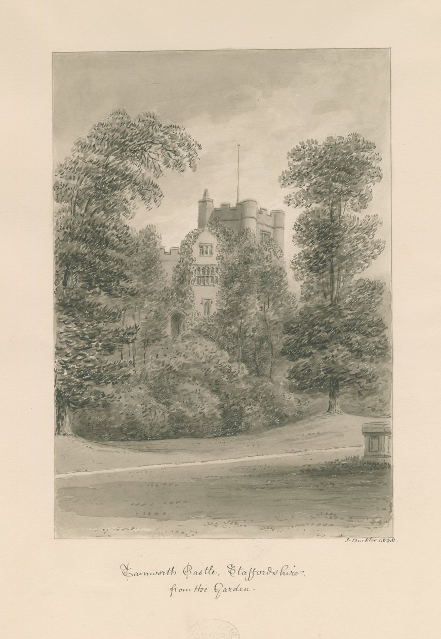 Tamworth Castle: sepia vask tegning af John Buckler