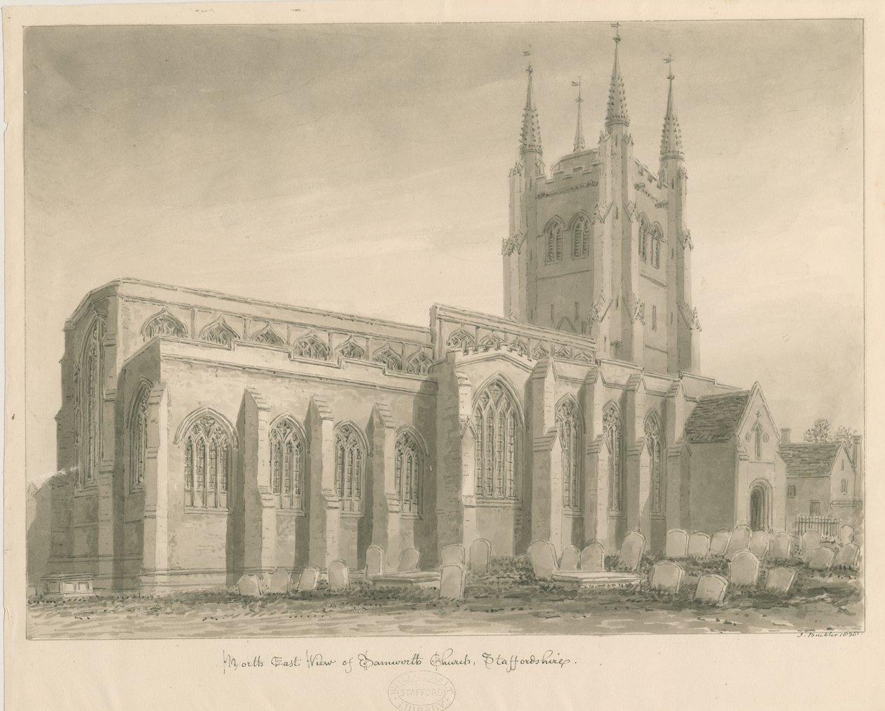 Tamworth Church: sepia tegning af John Buckler