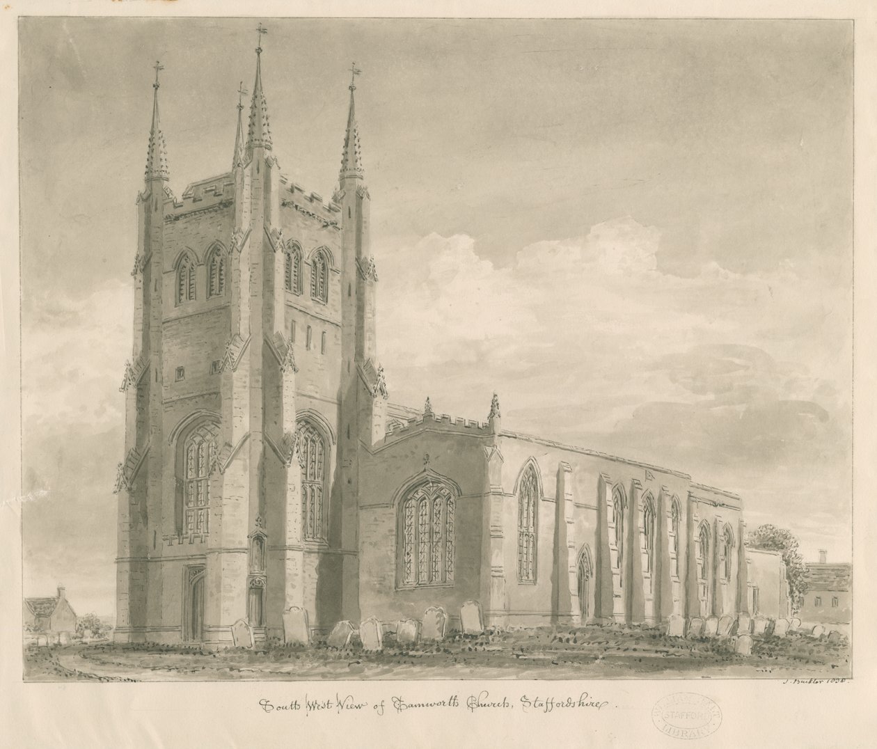 Tamworth Church: sepia tegning af John Buckler