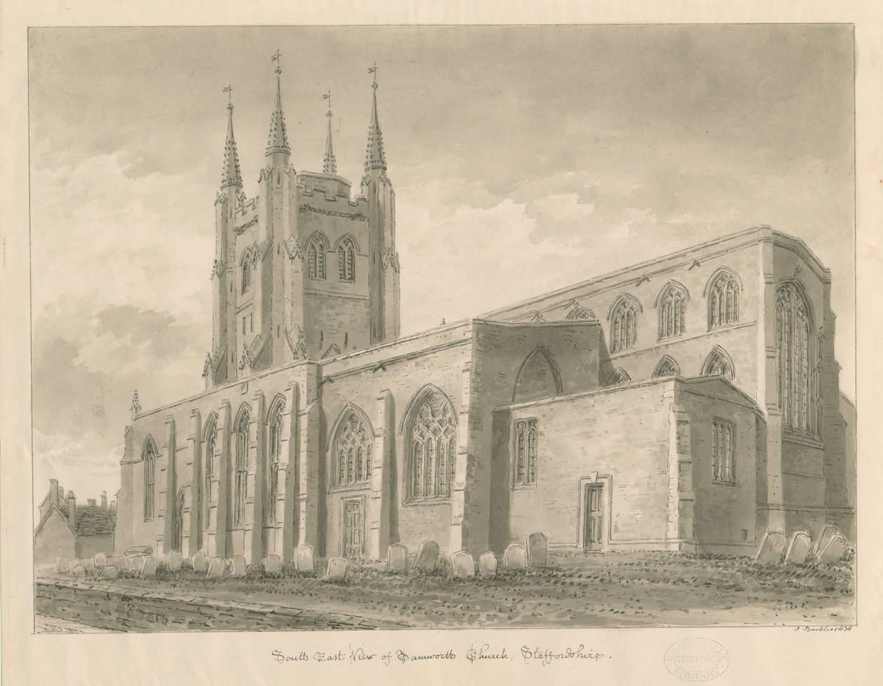 Tamworth Church: sepia vask tegning af John Buckler