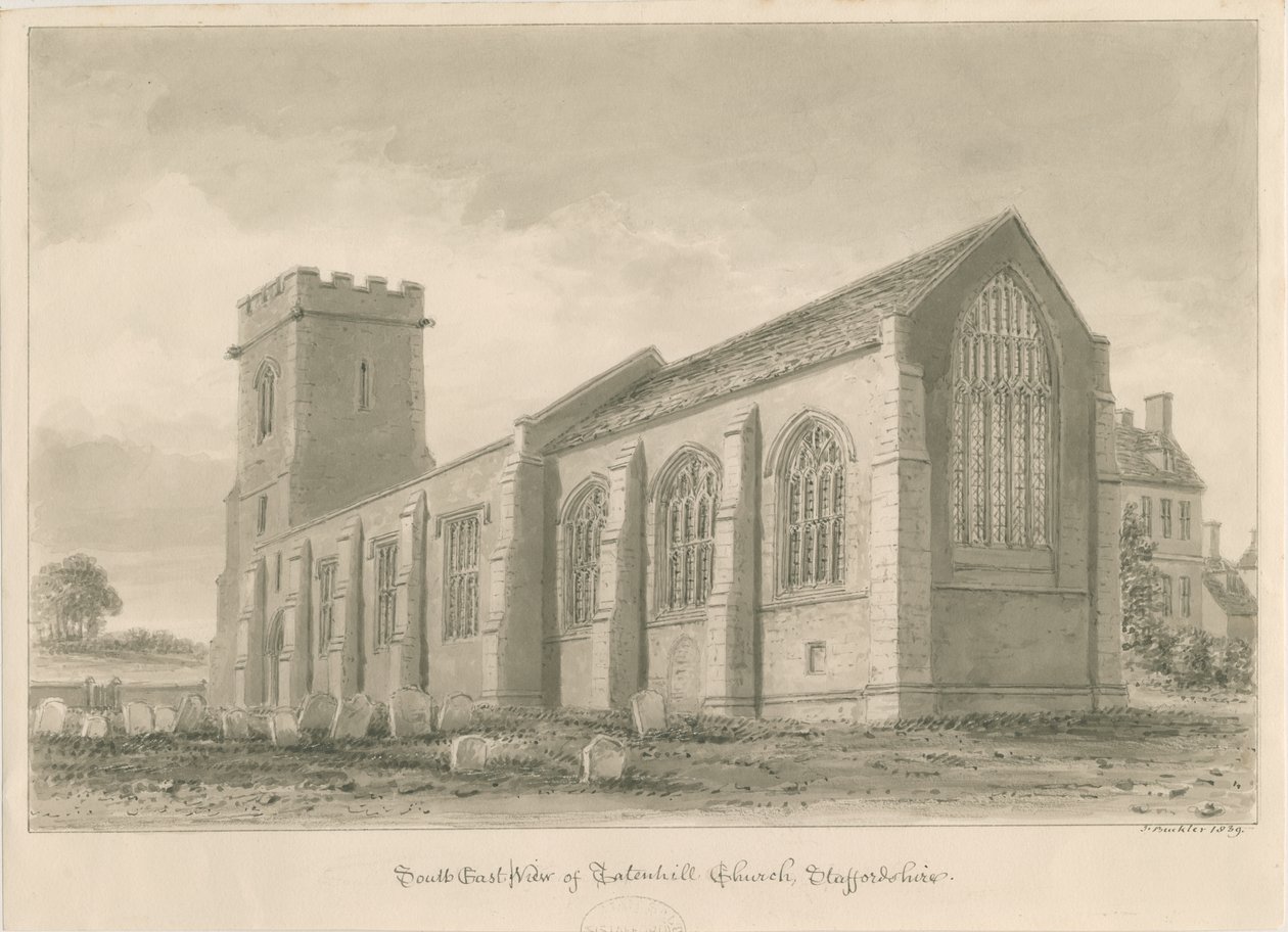 Tatenhill Church: sepia vask tegning af John Buckler
