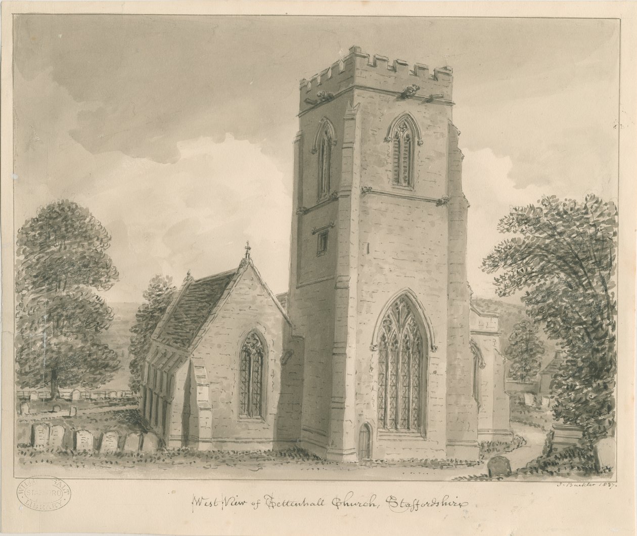 Tettenhall Church: sepia wash tegning, 1837 af John Buckler