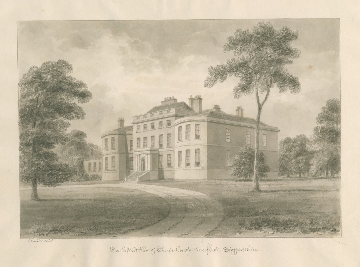 Thorpe Constantine Hall: sepia vask tegning, 1848 af John Buckler