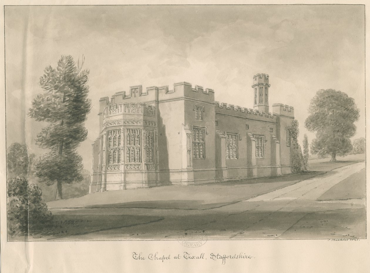 Tixall - Kapel i Tixall Hall: sepia vask tegning af John Buckler