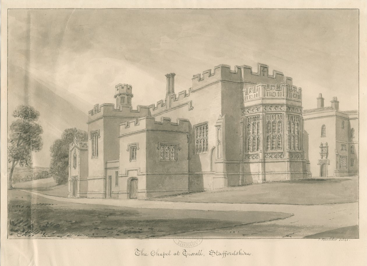 Tixall - Kapel i Tixall Hall: sepia vask tegning, 1841 af John Buckler