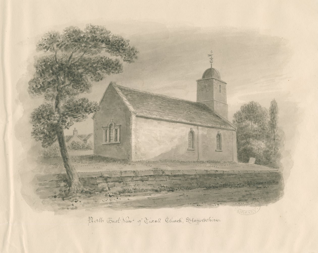 Tixall Church: sepia vask tegning, nd [?1841] af John Buckler