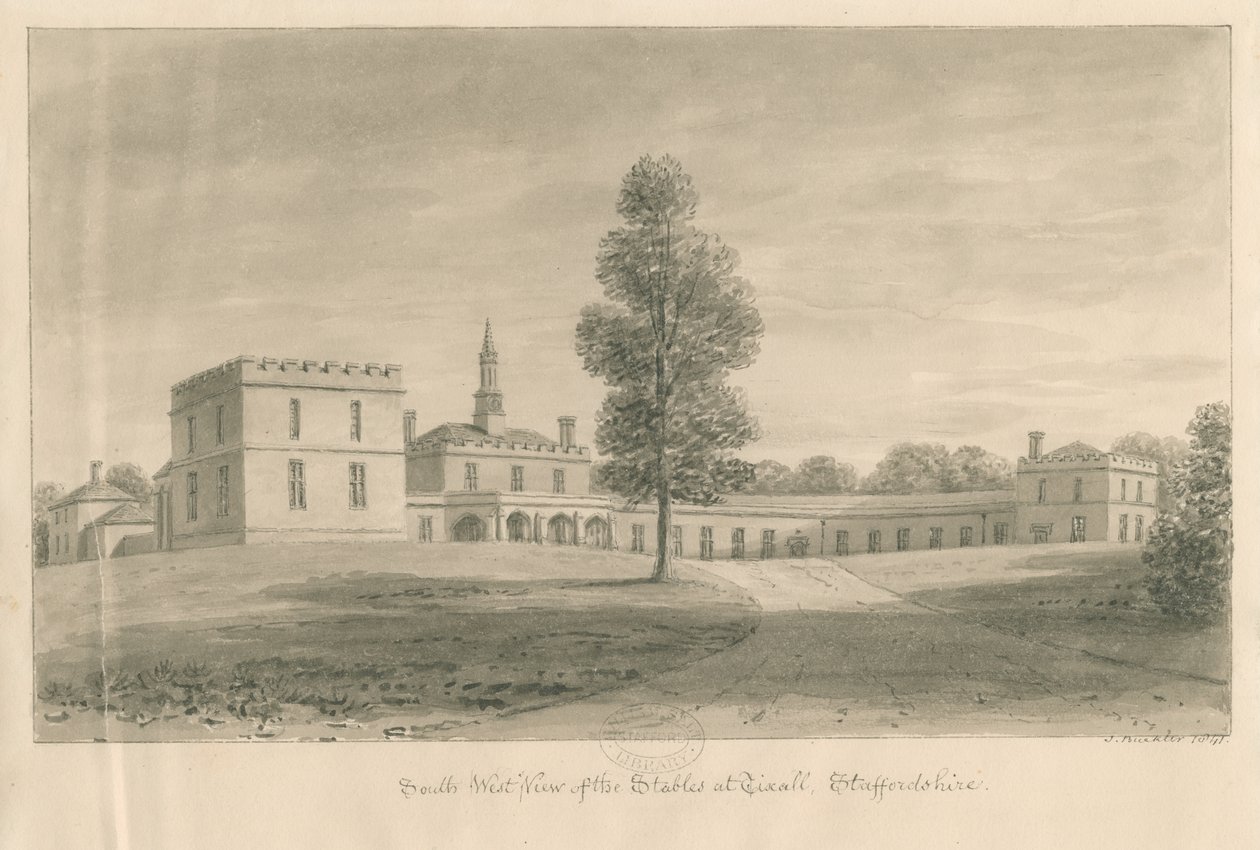 Tixall Hall - Stald: sepia-tegning, 1841 af John Buckler