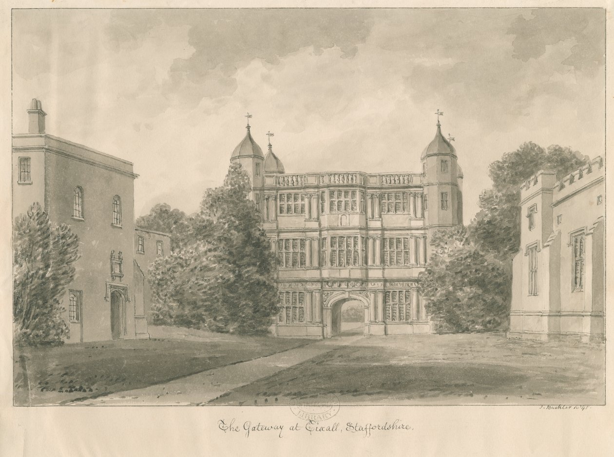 Tixall Hall and Gatehouse: sepia tegning, 1841 af John Buckler