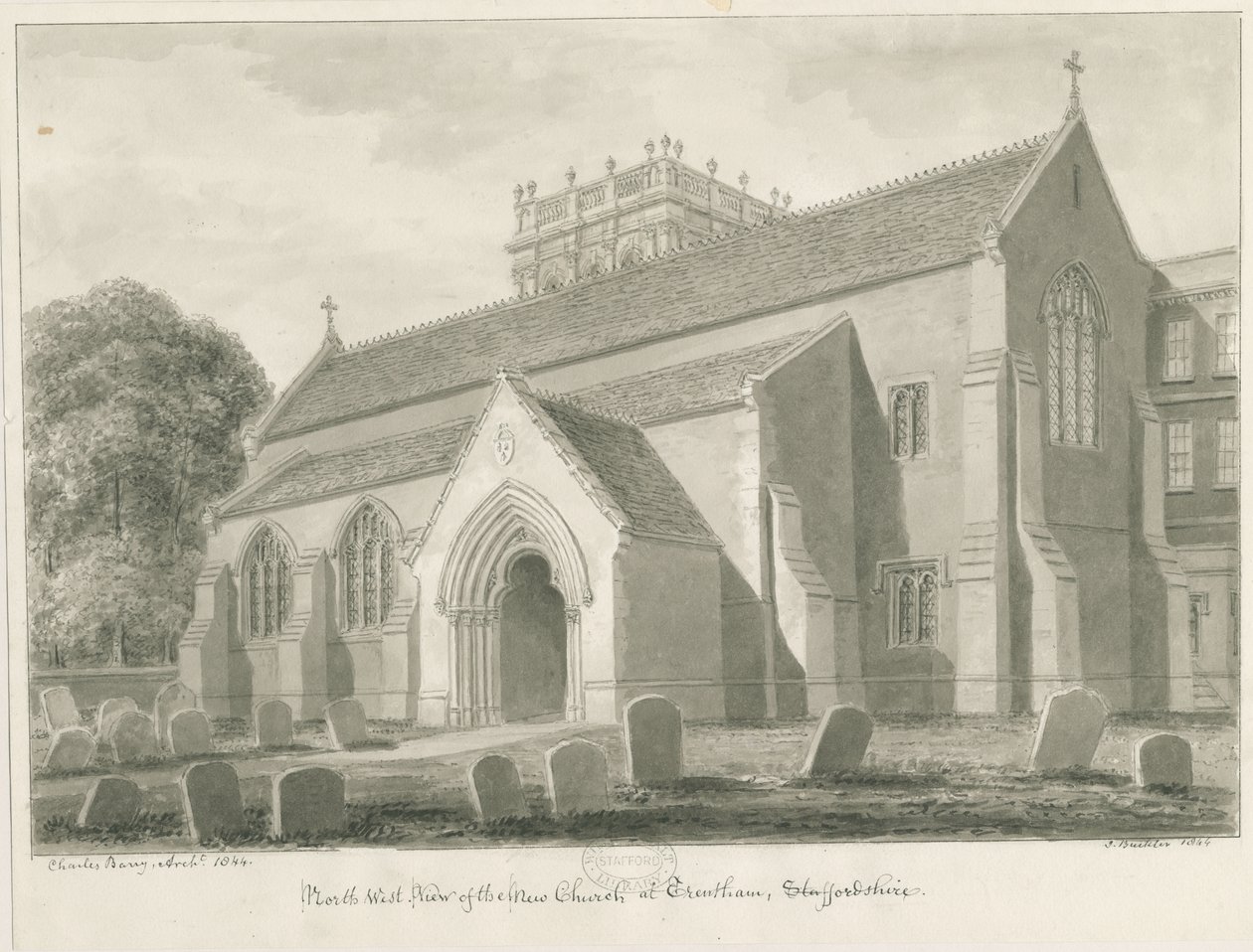Trentham - New Church: sepia-tegning, 1844 af John Buckler